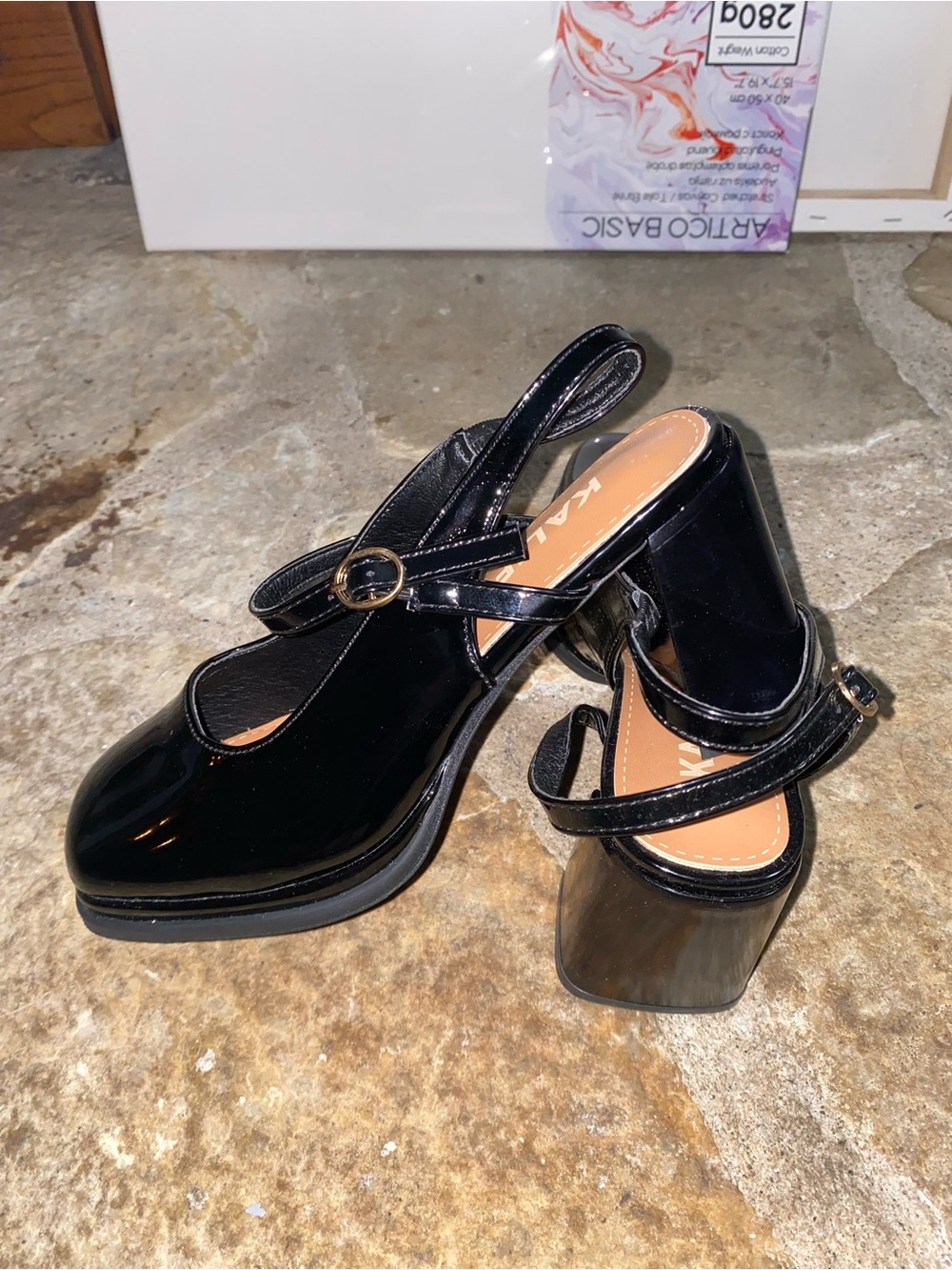 Black Patent Mary Jane Janes Block Heel Slingback Pumps Gold Hardware